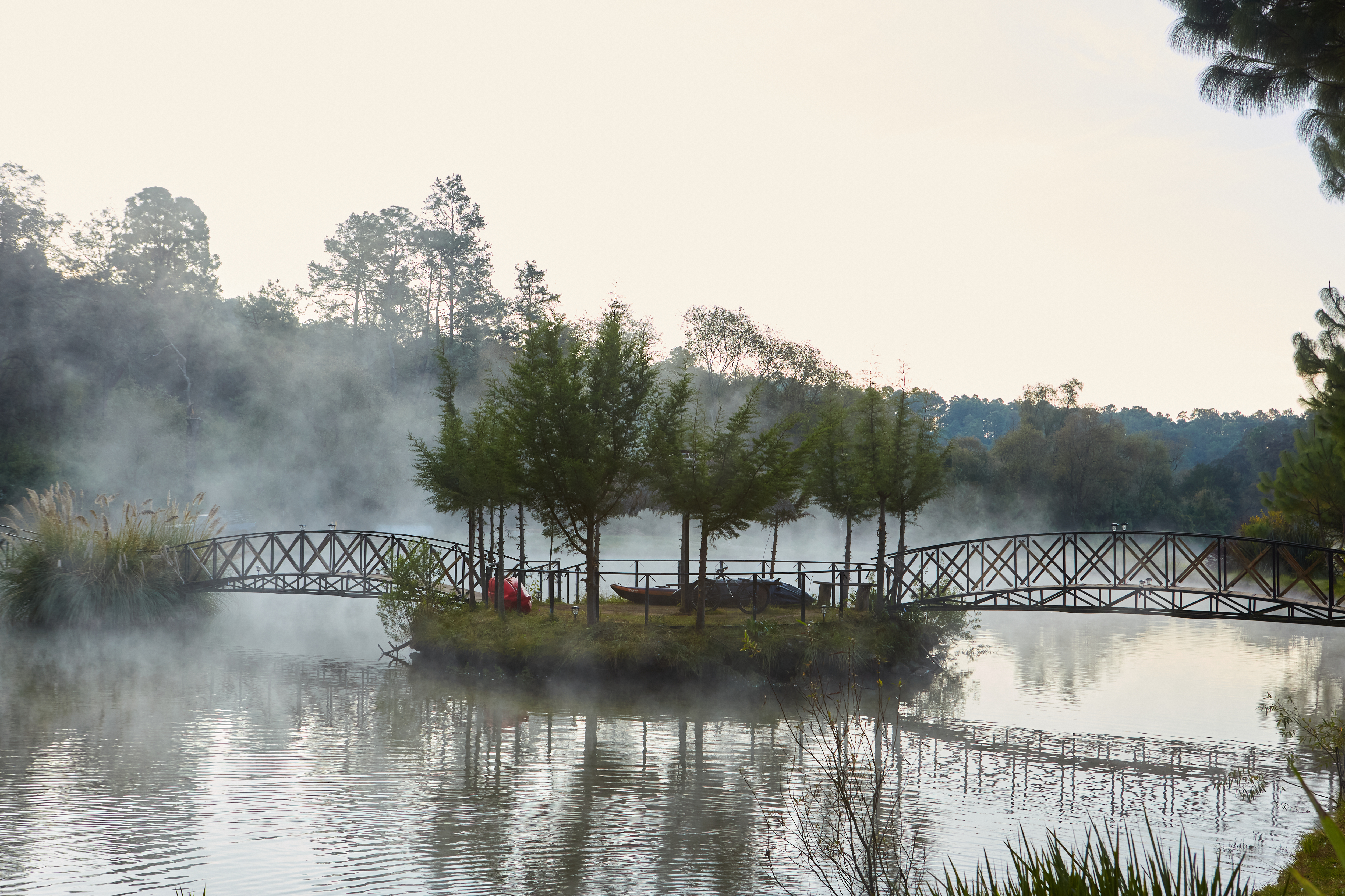 Lago con neblina matutina